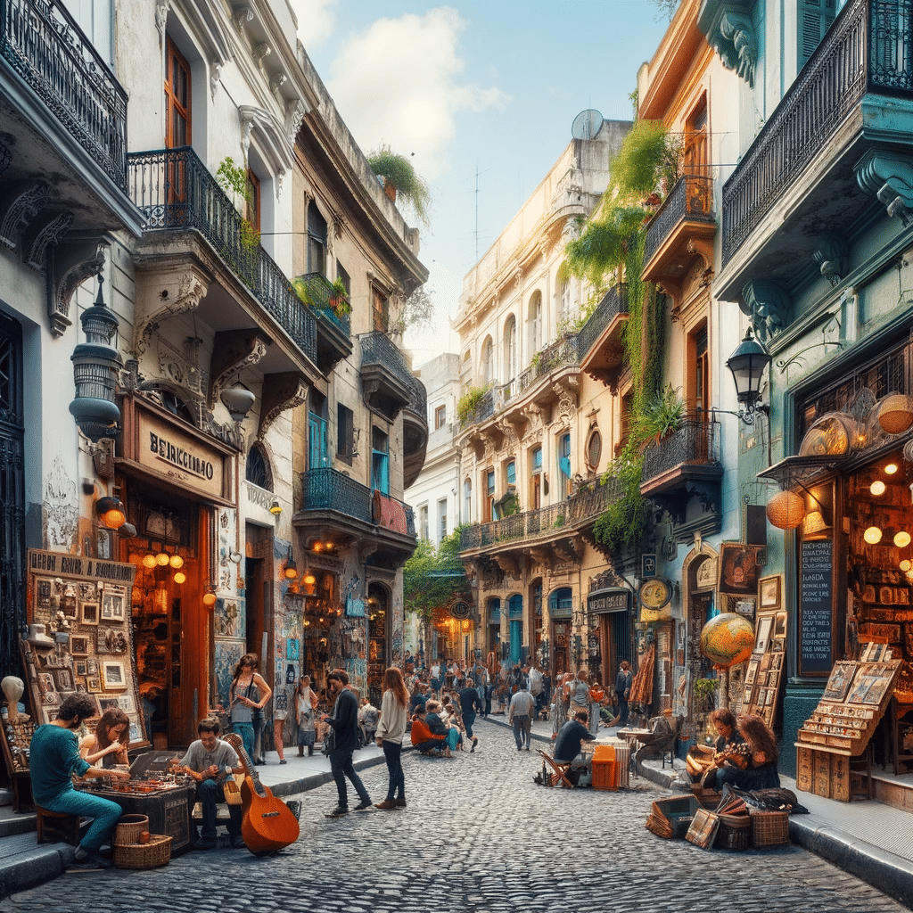 San Telmo: A imagem ilustra as ruas de paralelepípedos e o ambiente boêmio de San Telmo, completo com lojas de antiguidades e artistas de rua. Esta é uma representação artística que pode não corresponder exatamente à realidade.