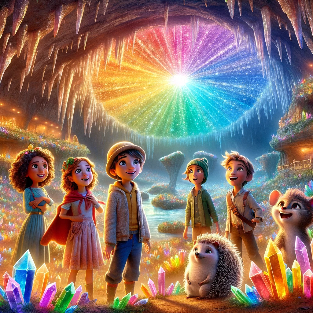 ilustração da sua história na Caverna dos Cristais, agora com a adição do ouriço Oscar à aventura encantada de Léo, Rúbia, Helena, Bruno, Bella, Célio, Tobias, Pietro e Lúcia. A imagem captura a maravilha e a beleza da caverna, repleta de cristais coloridos.