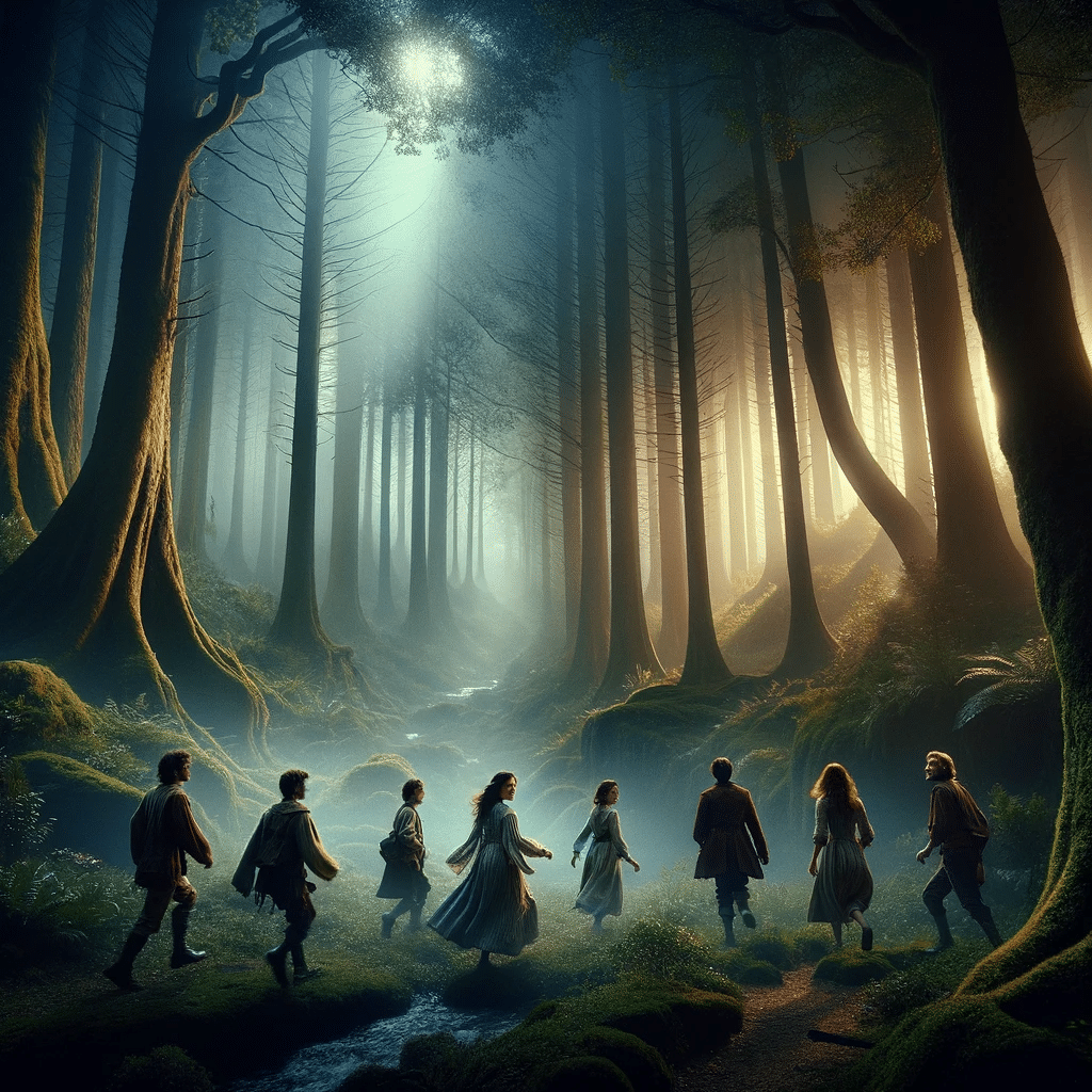 Aqui está uma ilustração com um toque de mistério, mostrando Léo, Rúbia, Helena, Bruno, Bella, Célio, Tobias, Pietro e Lúcia aventureiros explorando as profundezas misteriosas do Bosque dos Sussurros. Esta cena captura o encanto e a intriga do bosque, repleto de sombras intrigantes e sussurros secretos.