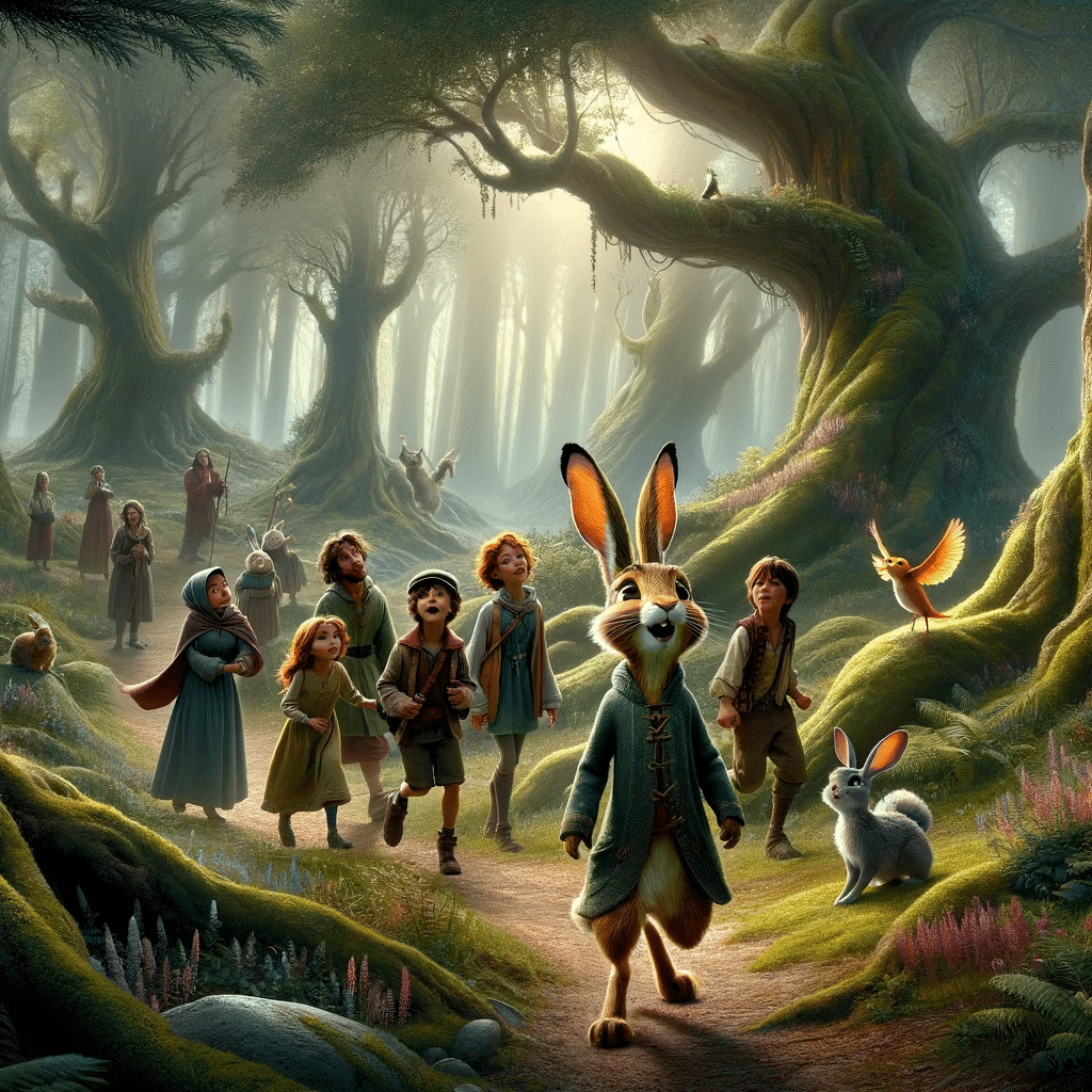 Aqui está a ilustração da sua história no Bosque dos Sussurros, com Léo, Rúbia, Helena, Bruno, Bella, Célio, Tobias, Pietro e a lebre inteligente Lúcia. Esta imagem captura a essência da aventura e da amizade no encantador bosque.