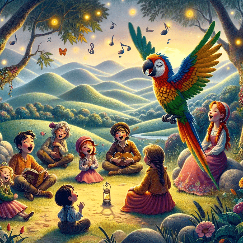 Aqui está a ilustração da continuação da sua história encantadora, nas Colinas Cantantes. A imagem capta a alegria do grupo enquanto eles cantam e dançam, guiados pelas melodias de Pietro.