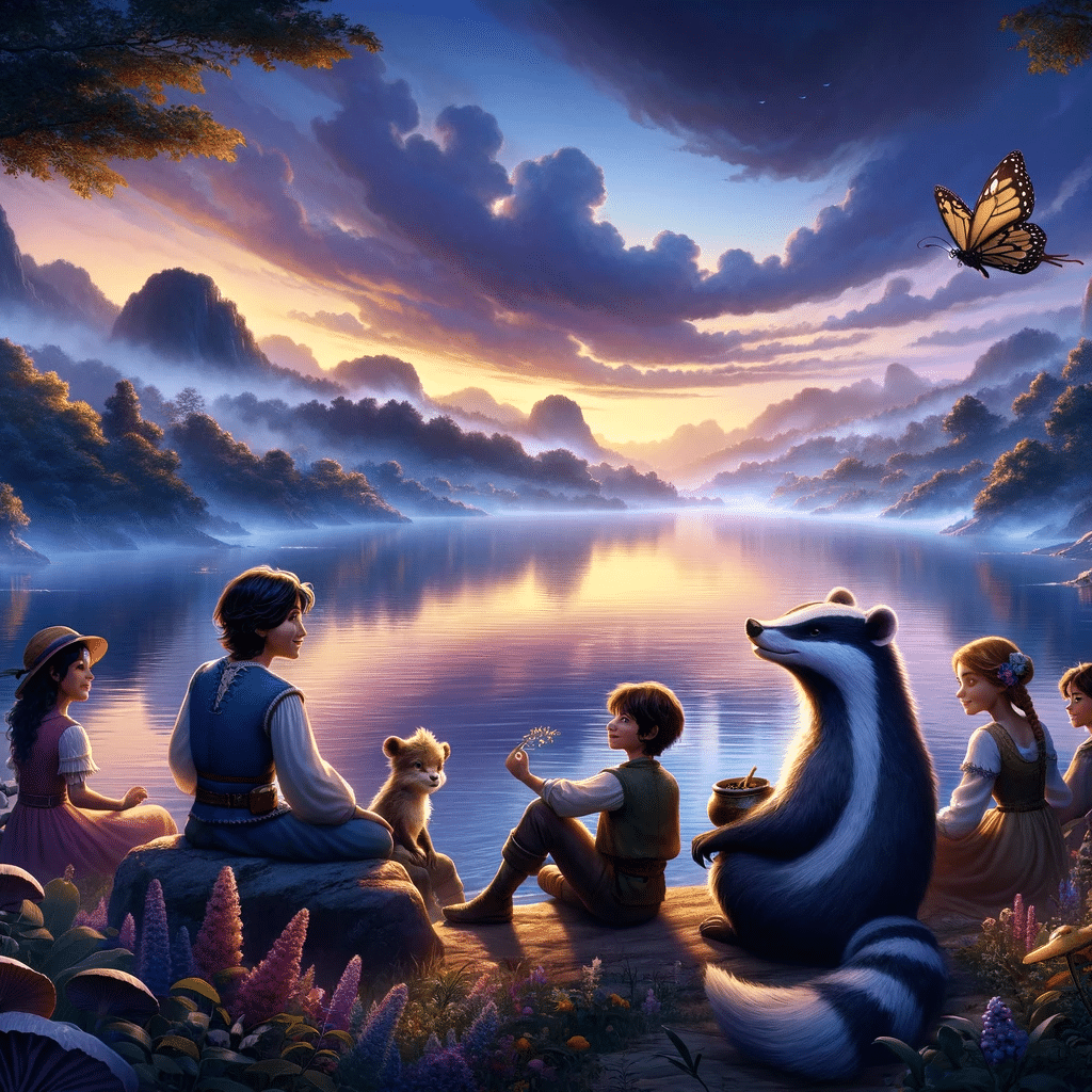 Aqui está a ilustração da continuação da sua história encantadora, no Lago das Névoas. Esta imagem captura a beleza tranquila do lago e a alegria da amizade entre Léo, Rúbia, Helena, Bruno, Bella, Célio e Tobias