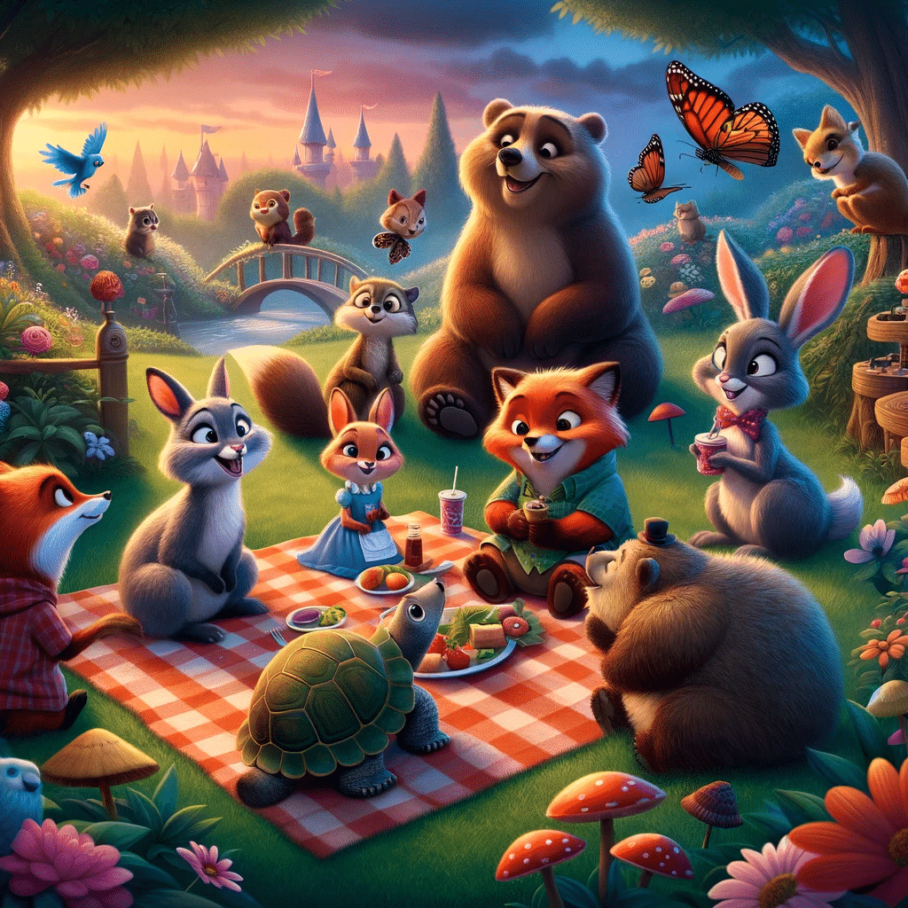 Léo, Rúbia, Helena, Bruno, Bella, Célio, Tobias, Pietro, Lúcia, Oscar e Tito no Jardim das Maravilhas durante um piquenique ao entardecer. O jardim está repleto de flores e plantas coloridas, com os personagens compartilhando um momento de alegria e camaradagem. A luz suave do entardecer ilumina a cena, destacando a beleza do jardim e a união dos amigos.
