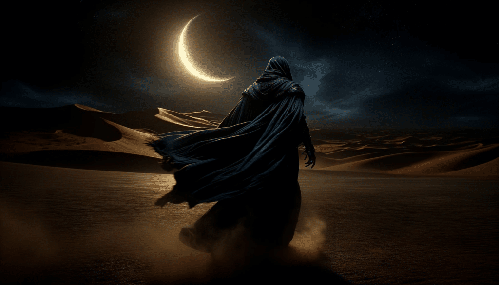 O FEITICEIRO MISTERIOSO DE ALLADIN DE COSTAS NO DESERTO