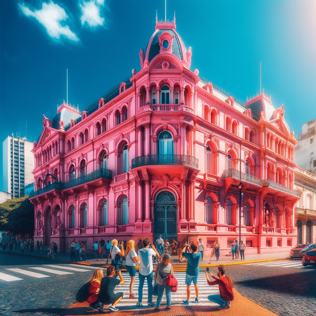 Casa Rosada: Esta imagem mostra a famosa Casa Rosada de Buenos Aires, sede do governo argentino, destacando sua fachada rosa distintiva e importância histórica. Note que esta é uma representação artística que pode não corresponder exatamente à realidade.