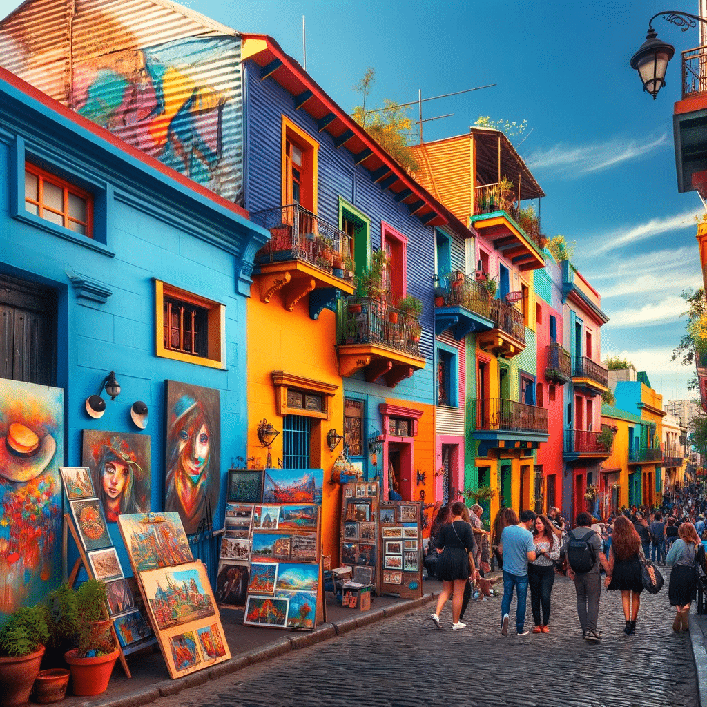 La Boca e o Caminito: A cena colorida captura o espírito vibrante do bairro de La Boca e a famosa rua Caminito, conhecida por suas casas pintadas e arte vibrante. Esta é uma representação artística que pode não corresponder exatamente à realidade.