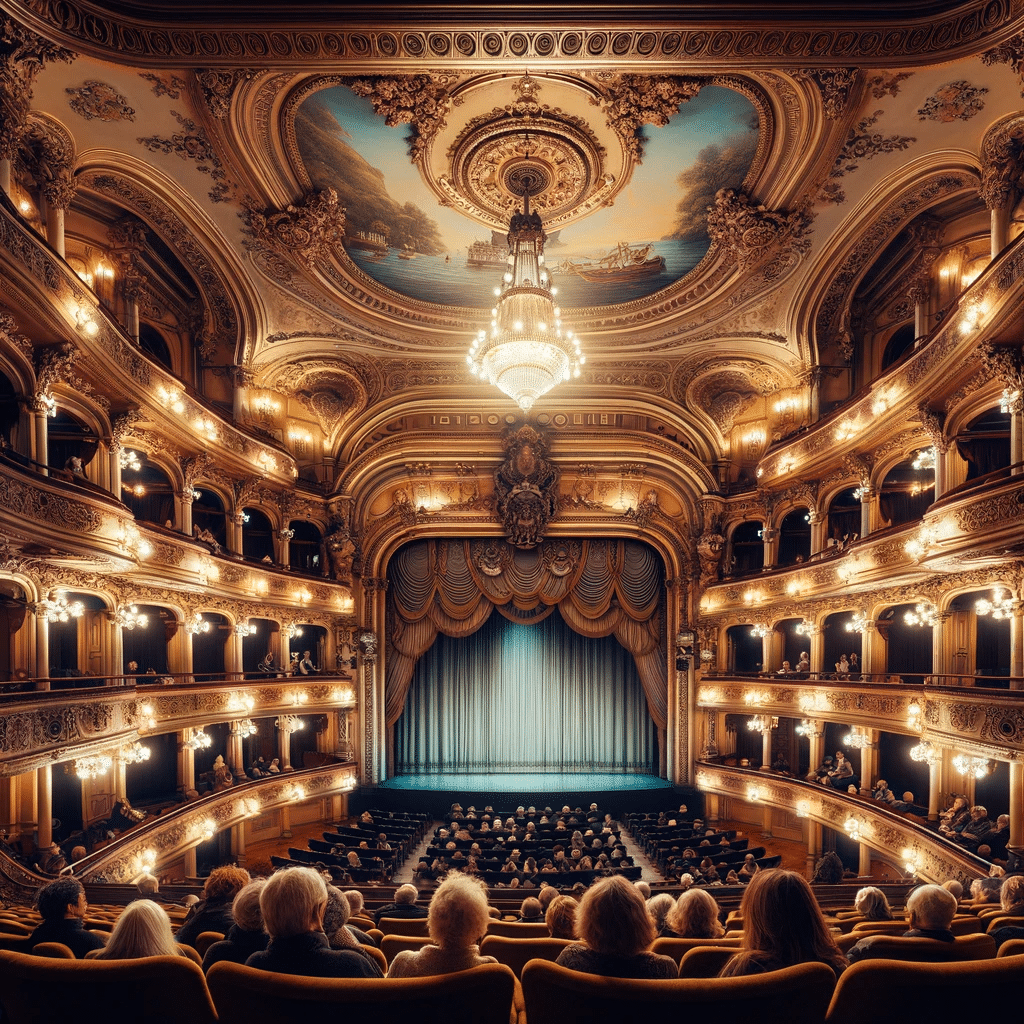 Teatro Colón: O interior do Teatro Colón é retratado com sua arquitetura luxuosa e detalhes ornamentados, preparado para uma performance. Esta imagem é uma representação artística e pode não refletir exatamente a aparência rea