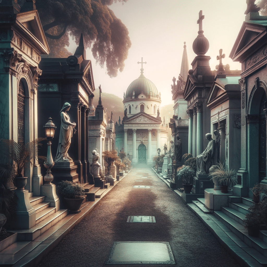Cemitério de Recoleta: Esta vista serena e mística mostra o Cemitério de Recoleta, conhecido por seus elaborados mausoléus e estátuas de mármore. A imagem é uma representação artística e pode diferir da realidade.