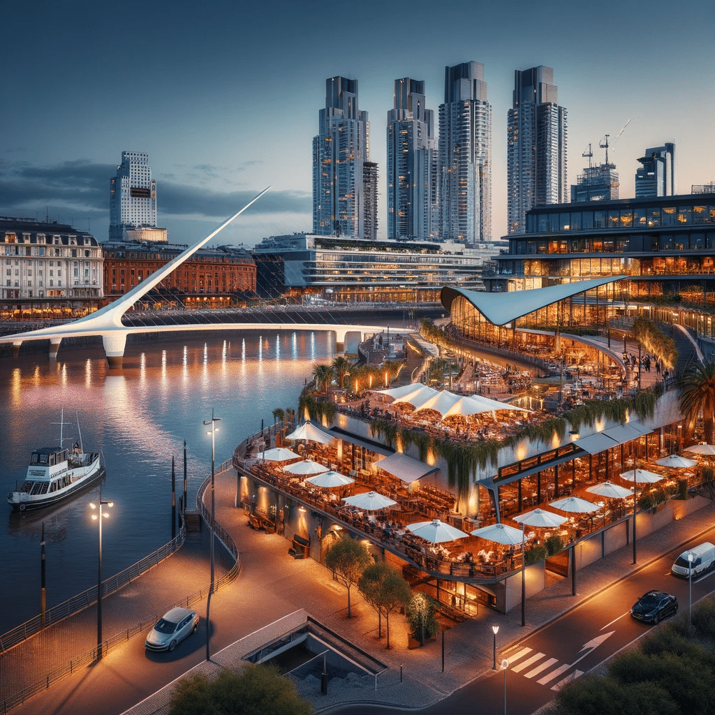Puerto Madero: Capturando o moderno bairro de Puerto Madero ao crepúsculo, esta imagem mostra restaurantes sofisticados e a icônica Ponte da Mulher iluminada. Lembre-se de que é uma representação artística e pode variar da realidade.