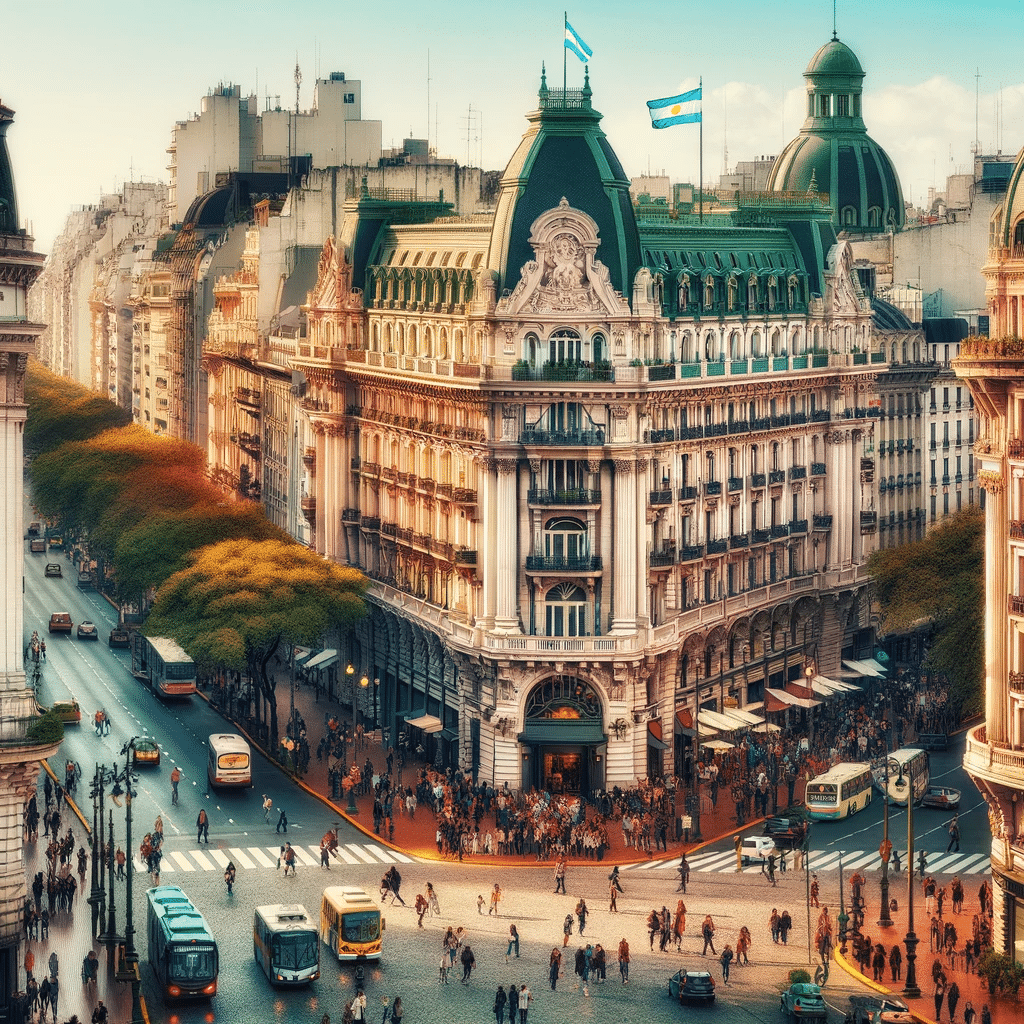 Avenida de Mayo: Esta cena mostra a vibrante Avenida de Mayo, com seus edifícios históricos e influência arquitetônica europeia. É uma representação artística que pode não corresponder exatamente à realidade.