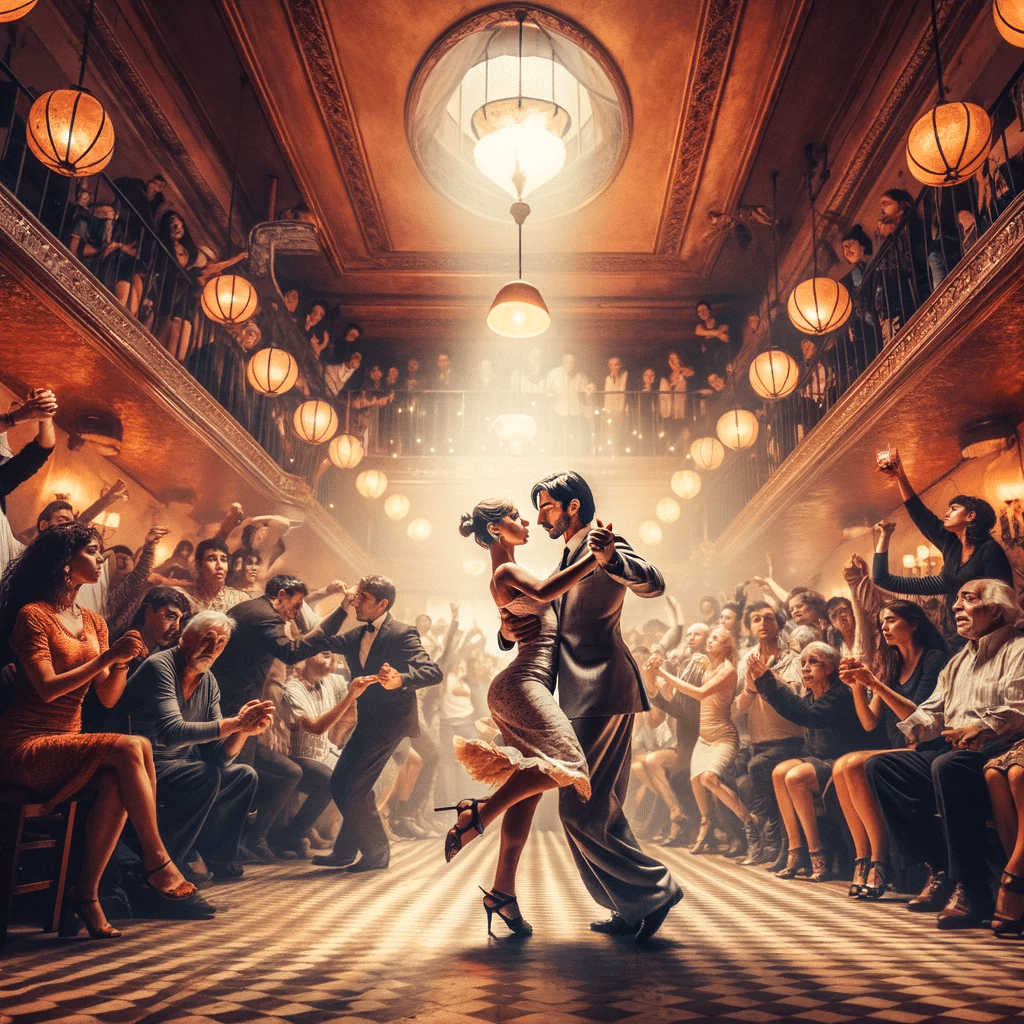 Tango: A imagem captura a energia e a paixão do tango em Buenos Aires, com um casal performando em uma milonga. Lembre-se de que esta é uma representação artística e pode não refletir exatamente a cena real.