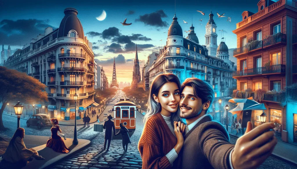 A Romantic Captivating Wide Banner Image For A Blog Post Featuring A Couple In Buenos Aires. The Scene Includes Iconic Elements Of The City Such As