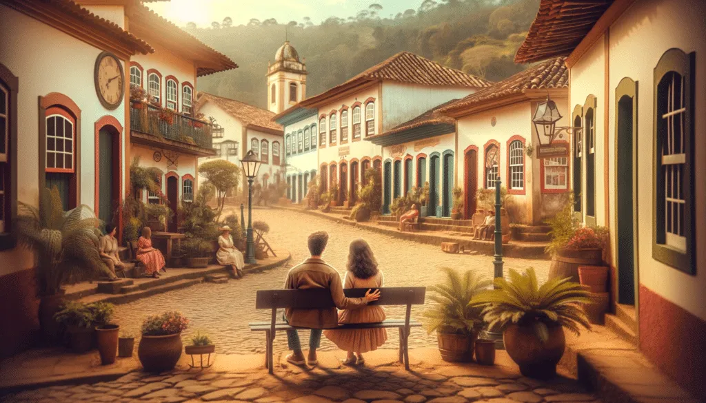 A Highly Realistic And Nostalgic Photograph Of A Couple Dating In A Quaint Town Square In The Interior Of Brazil. The Couple Is Sitting On A Bench Ho