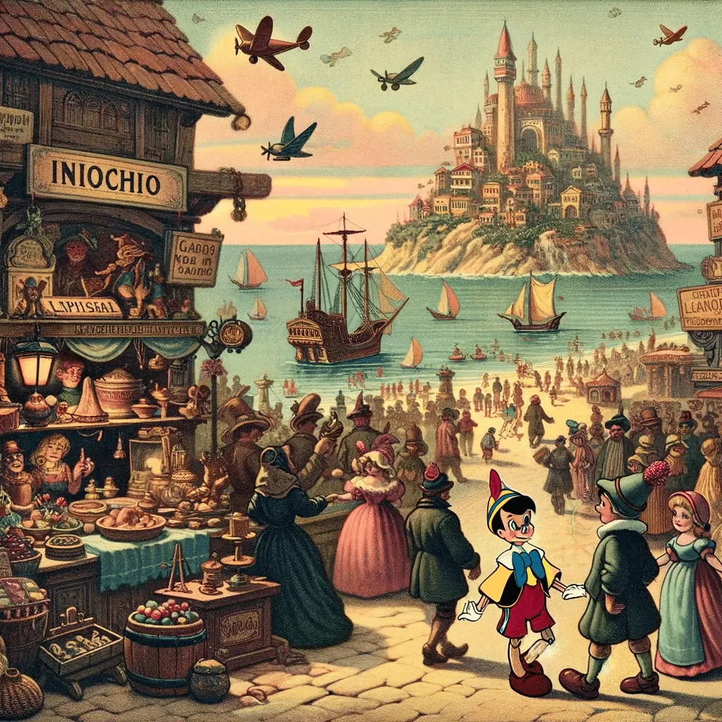 DALL·E 2023 12 08 19.43.19 Early 20th Century Fairy Tale Illustration Of Pinocchio And Lampwick Exploring The Island Showing A Bustling Street Scene Filled With Games And Treat 1