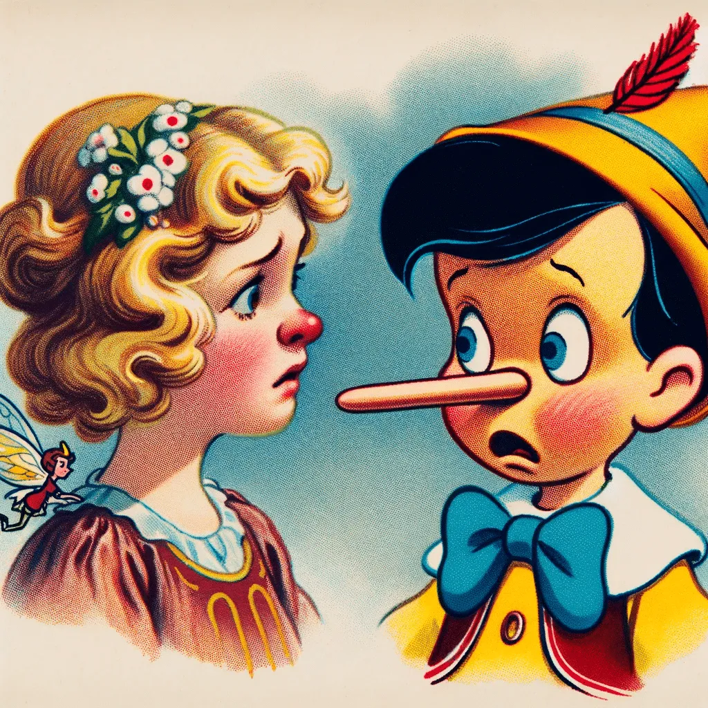 Pinocchio With His Nose Growing After Telling A Lie Looking Confused And Regretful. The Fairy Looks At Him With An Expression Of Disappointment And C