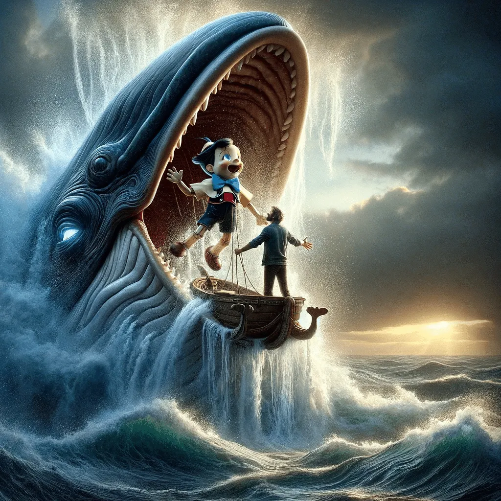 12 09 13.48.33 The Dramatic Moment When The Whale Liberates Gepetto And Pinocchio Propelling Them Back Into The Outside World. The Scene Shows The Whales Mouth Ope