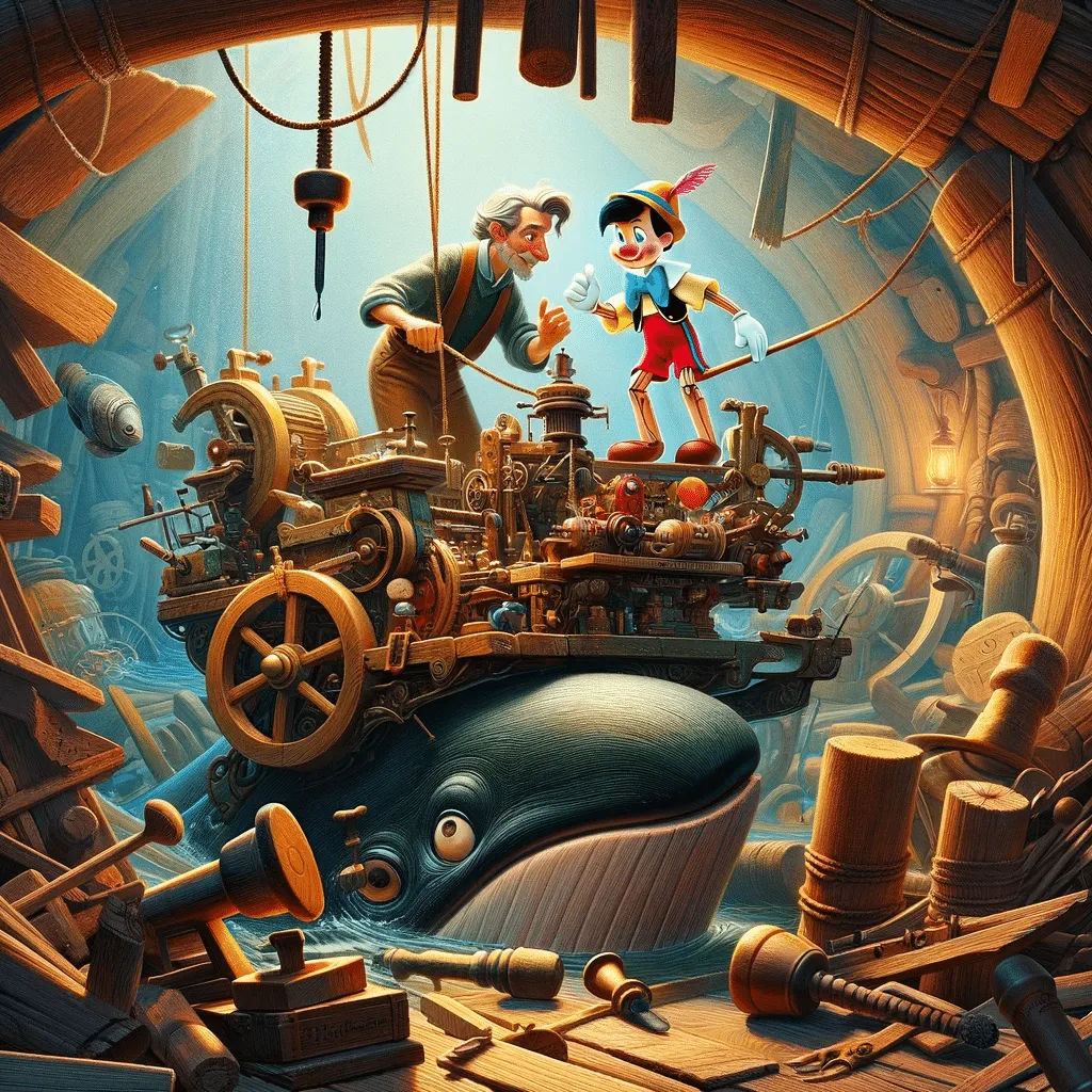 12 09 13.48.37 Gepetto And Pinocchio Inside The Whale Working Together To Build An Ingenious Contraption From The Wreckage Around Them. The Device Is A Blend Of Gep