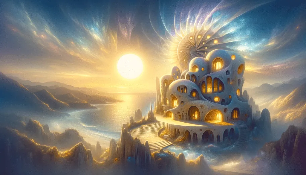 A Magical Interpretation Of The Casa Pueblo Integrated Into A Fantasy Landscape Where The Mystical Suns Journey Is Depicted. The Sun Bright And Rou