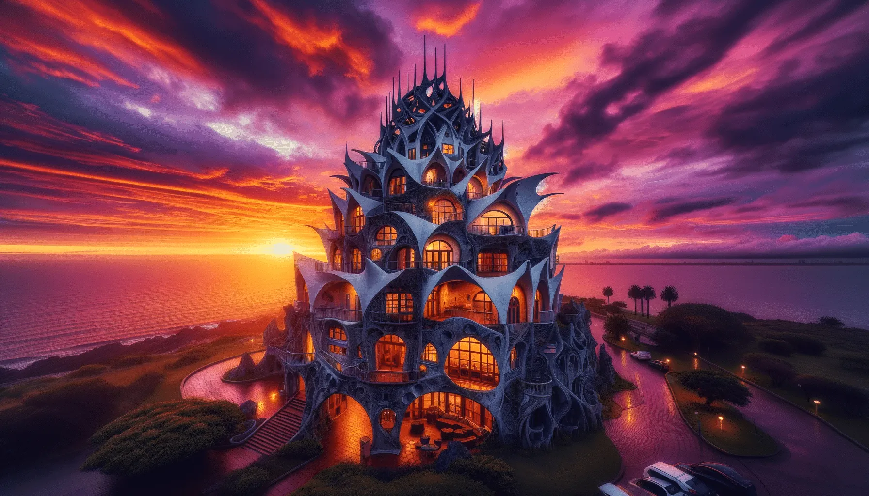 A Panoramic View Of Casapueblo In Uruguay During A Breathtaking Sunset Capturing The Buildings Unique Architecture Against A Vibrant Sky. This Horiz