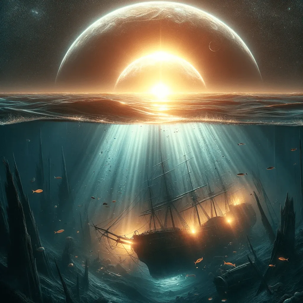 A Photorealistic Depiction Of The Sun Diving Into The Ocean Illuminating The Underwater World And The Mysterious Inhabitants Of Sunken Ships As Ment