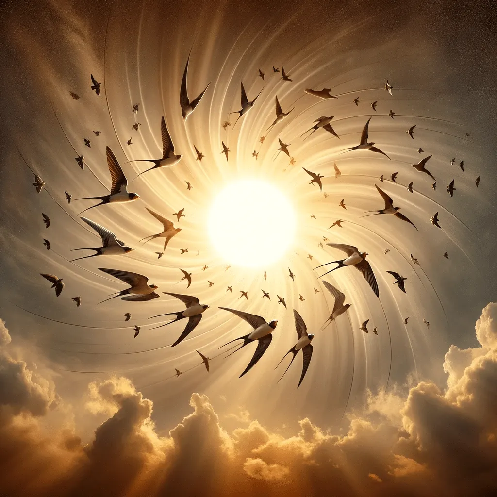 A Photorealistic Illustration Of Swallows And Seagulls Using The Sun As A Canvas To Write The Phrases Of Their Flight As Described In Ceremonia Del