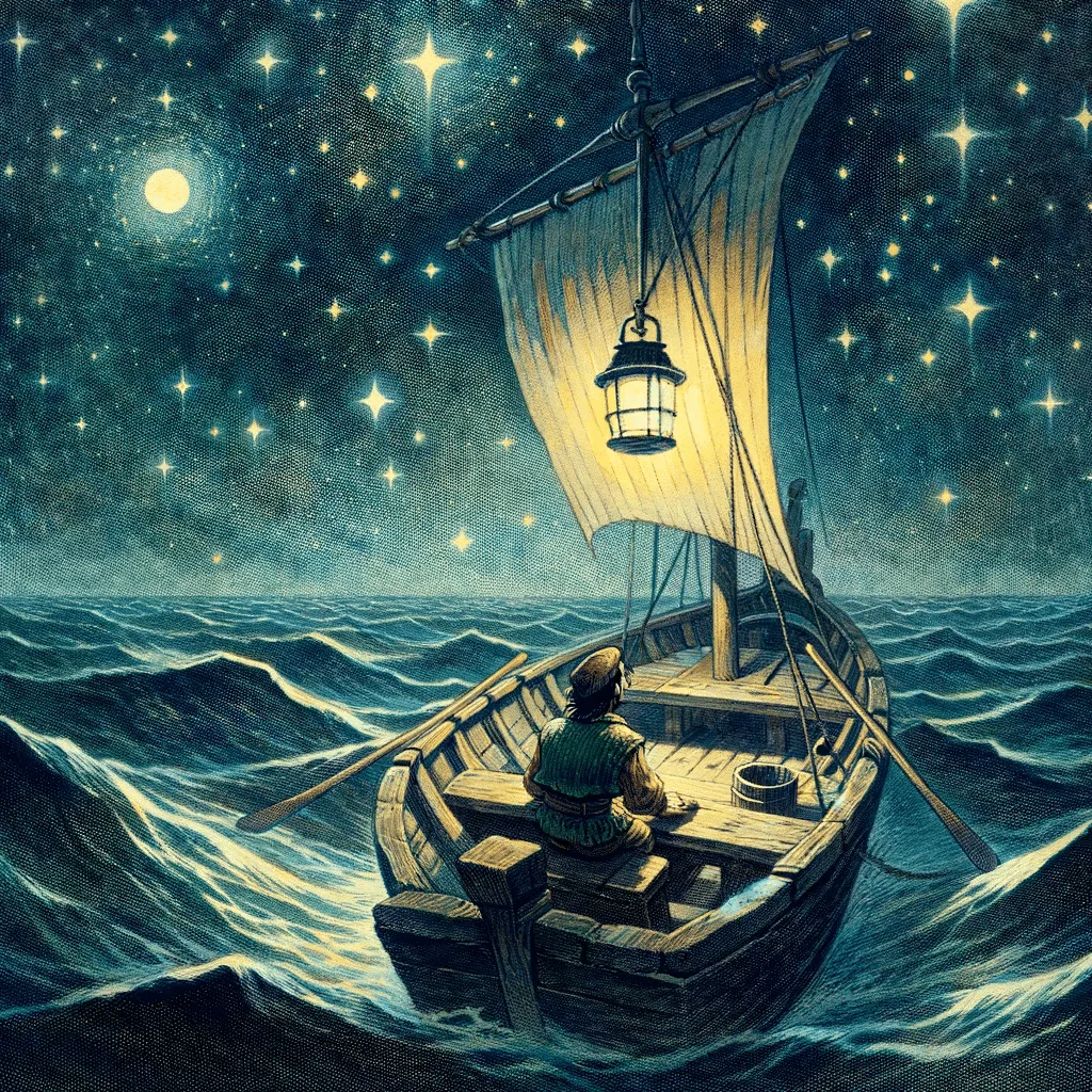 A Wider And Higher Angle View Of Gepetto In His Handcrafted Boat On A Dark Starry Night In The Middle Of The Vast Ocean. The Lantern On The Mast Illu