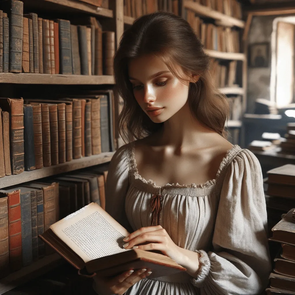 A Young Woman Lidia In A Simple Yet Elegant Dress Reading An Old Book In A Village Library Surrounded By Shelves Of Ancient Books