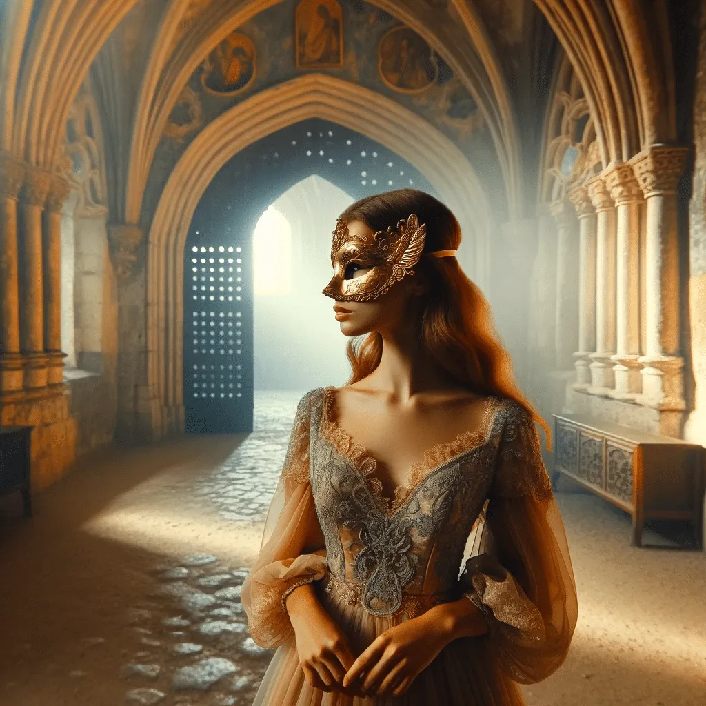 A Young Woman Lidia Wearing An Elegant Mask And Dress Standing In Awe At The Entrance Of An Ancient Ethereally Lit Castle