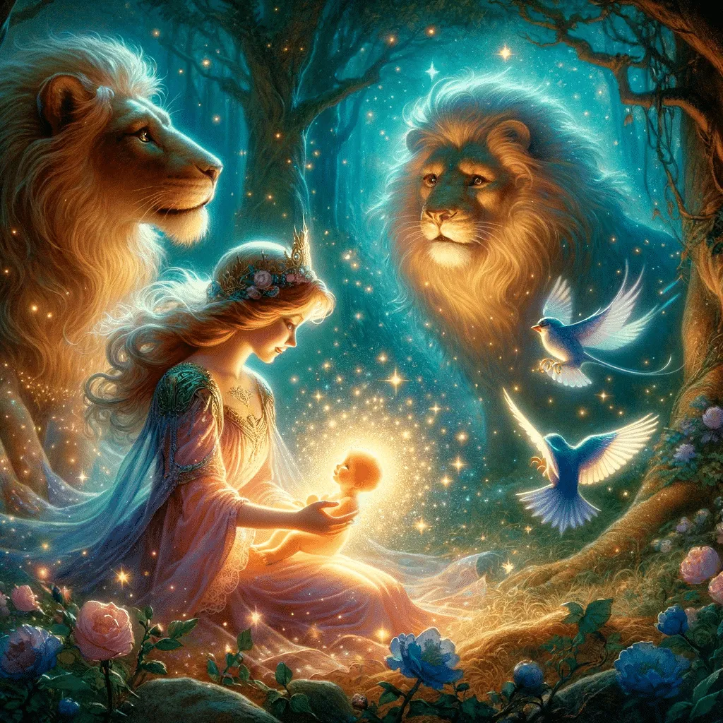 An Enchanting Scene In An Early 20th Century Fairy Tale Style Depicting Princess Liria In The Vale Esquecido Discovering The Star Born Baby A Radian