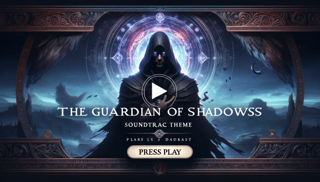 Banner For The Soundtrack Theme The Guardian Of Shadows Inviting To Press Play Featuring A Mysterious Figure In A Dark Cloak With A Mystical 2