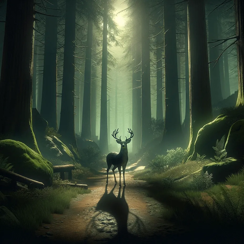 DALL·E 2023 12 01 08.01.19 Celio The Deer Standing Majestically On A Trail In The Forest Of Whispers With Tall Trees And Mysterious Shadows Around
