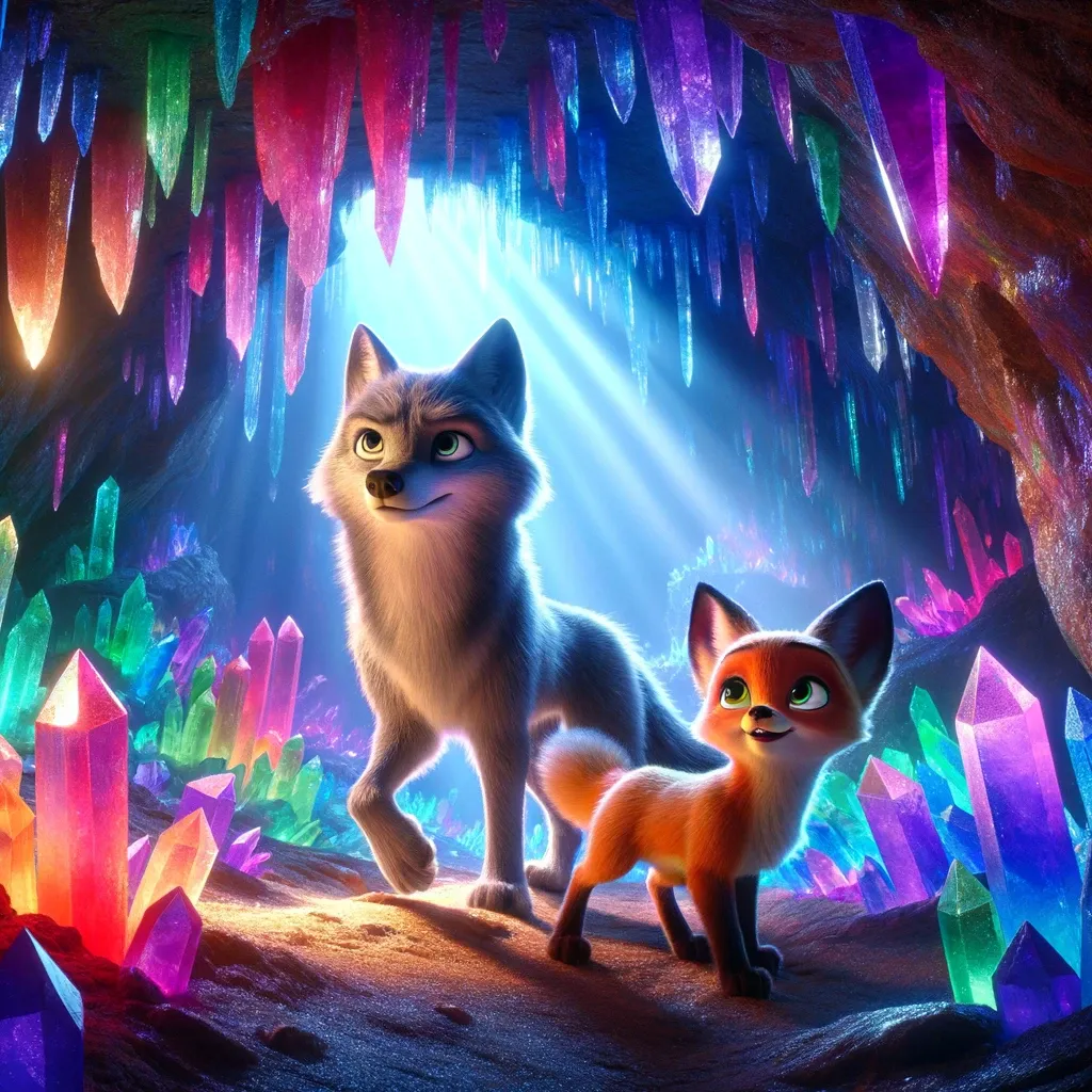 DALL·E 2023 12 01 08.01.26 Lucas The Wolf And Renata The Young Fox Exploring A Crystal Cave Illuminated By Multicolored Crystals Creating A Rainbow Effect