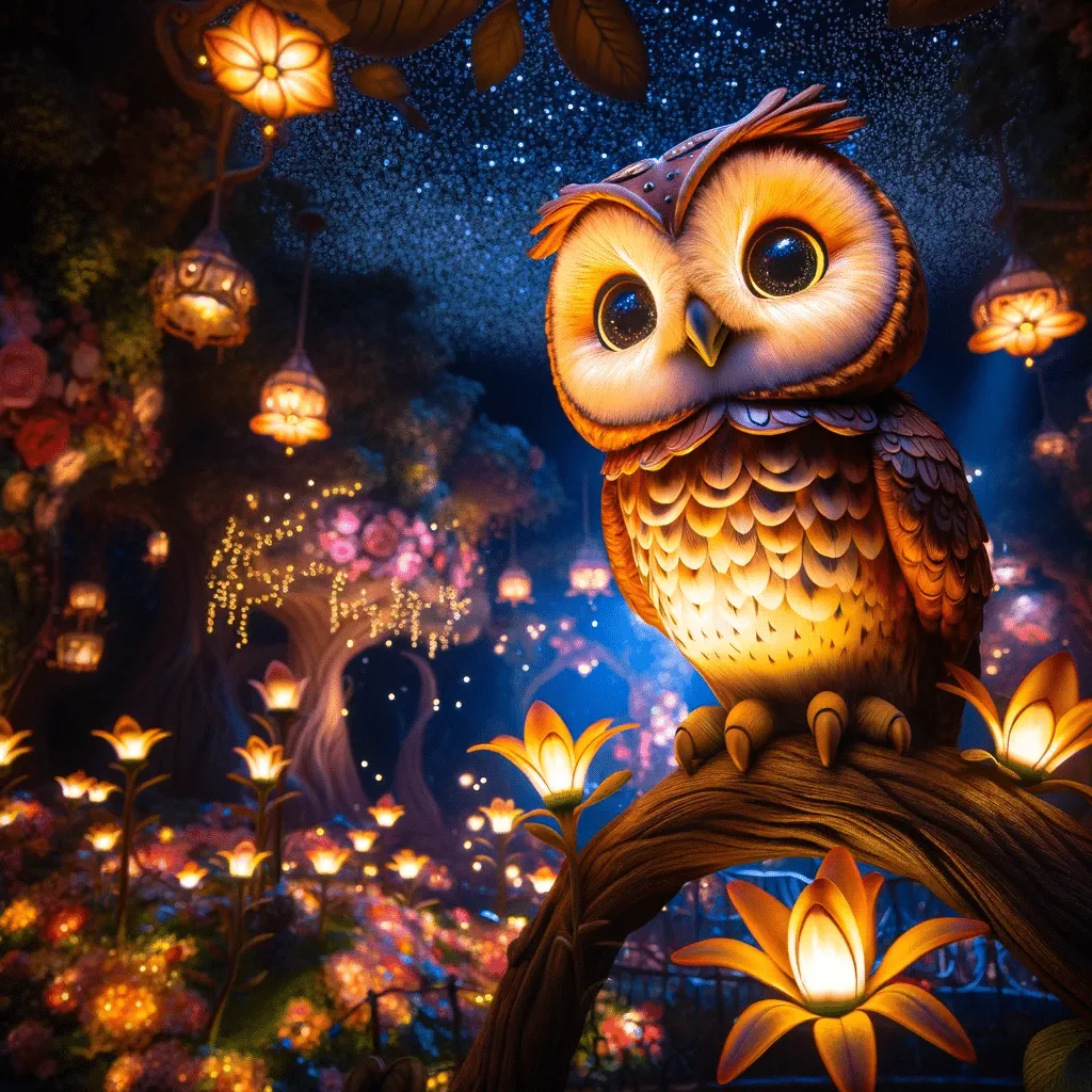 DALL·E 2023 12 01 08.01.30 Sofia The Wise Owl Perched On A Branch In The Wonderland Garden At Night Illuminated By Starlight And Glowing Flowers