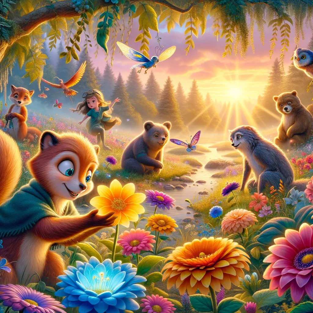 DALL·E 2023 12 01 08.02.09 In A Magical Fairy Tale Scene Set At Dawn In The Vale Of Flowers Various Enchanting Characters Are Depicted. Leo A Playful Squirrel Is Touching A Y