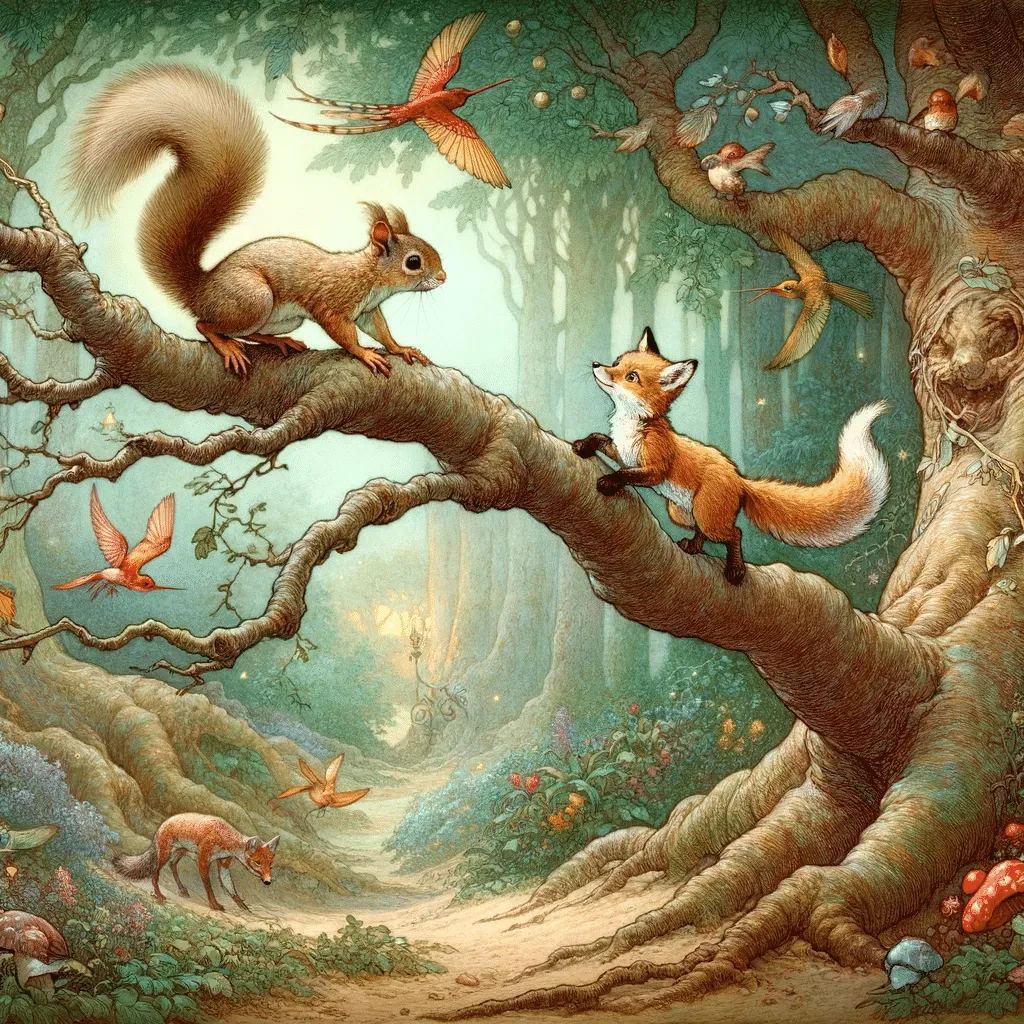 DALL·E 2023 12 01 08.02.40 A Magical Illustration From An Early 20th Century Fairy Tale Depicting Leo The Squirrel And Rubia The Fox In An Enchanted Forest. The Setting Is Ether