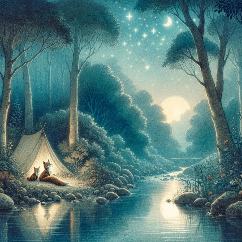 DALL·E 2023 12 01 08.02.45 A Serene Illustration From An Early 20th Century Fairy Tale Showing Leo The Squirrel And Rubia The Fox Camping By A Calm River At Dusk In An Enchante