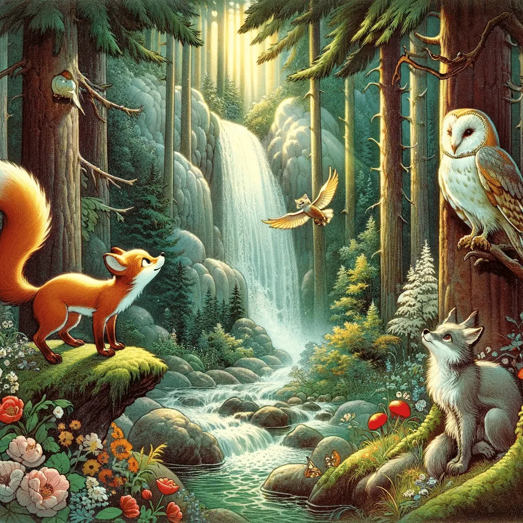 DALL·E 2023 12 01 08.02.51 A Whimsical Illustration From An Early 20th Century Fairy Tale Featuring Leo The Squirrel Rubia The Fox And Helena The Wise Owl In An Enchanted For