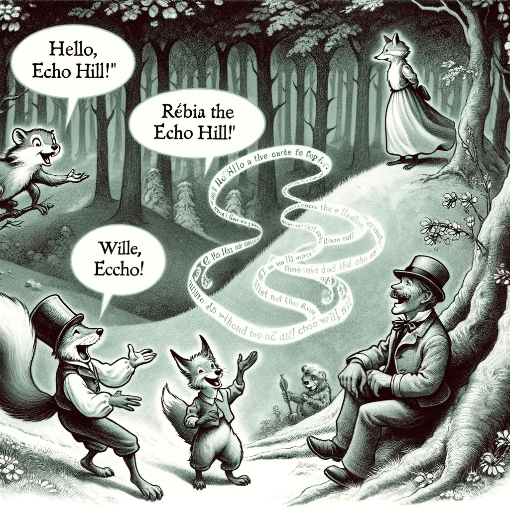 DALL·E 2023 12 01 08.03.07 An Imaginative Illustration From An Early 20th Century Fairy Tale Depicting The Second Scene Where Leo The Squirrel Rubia The Fox Helena The Wise O