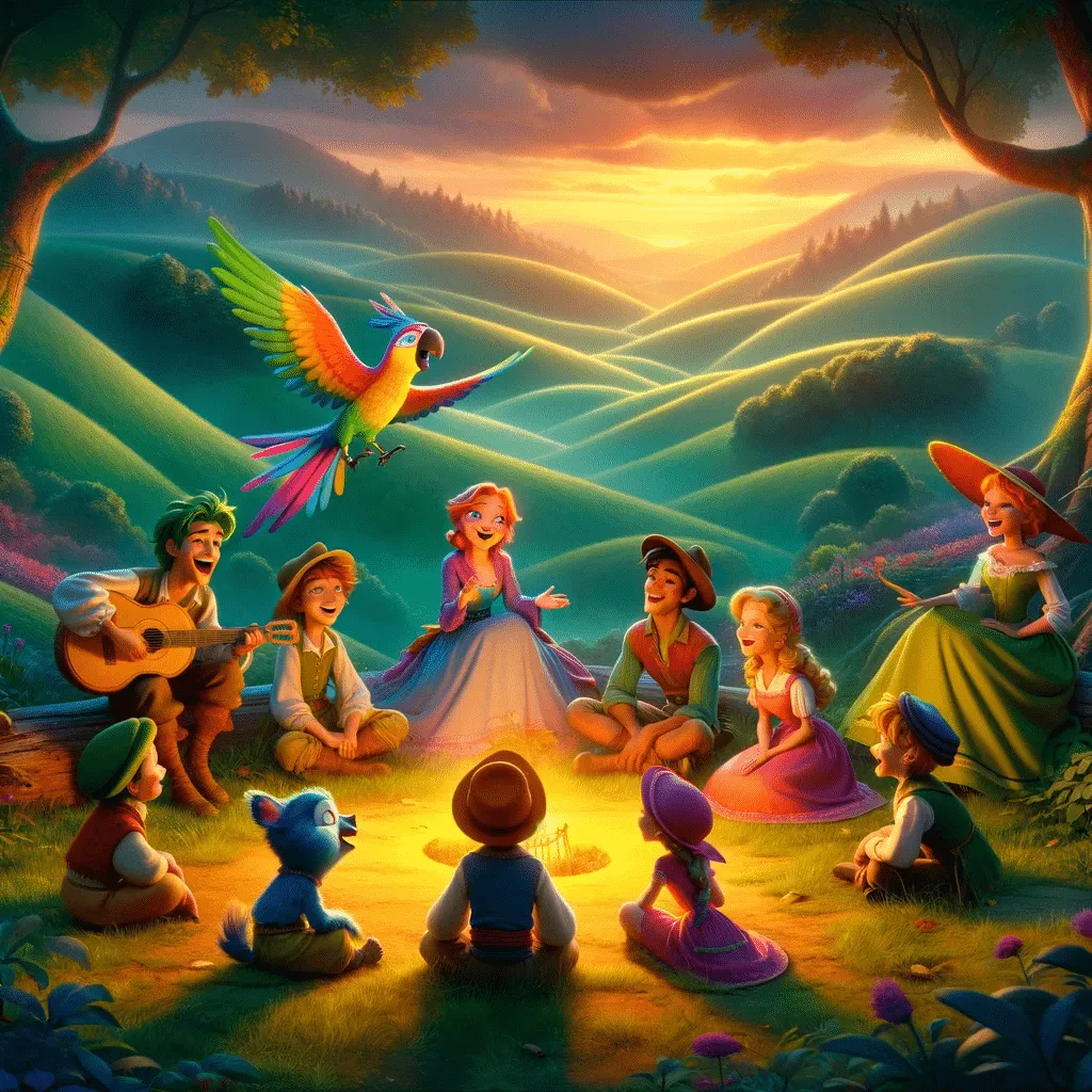 DALL·E 2023 12 01 16.40.36 In A Vibrant Fairy Tale Scene Leo Robia Helena Bruno Bella Celio Tobias And A Colorful Parrot Named Pietro Are In The Colinas Cantantes. The