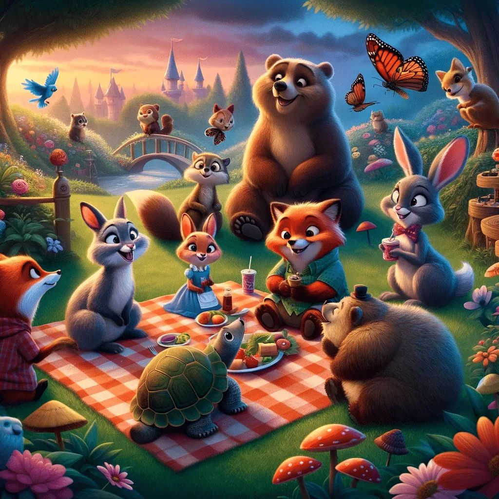 Léo, Rúbia, Helena, Bruno, Bella, Célio, Tobias, Pietro, Lúcia, Oscar e Tito no Jardim das Maravilhas durante um piquenique ao entardecer. O jardim está repleto de flores e plantas coloridas, com os personagens compartilhando um momento de alegria e camaradagem. A luz suave do entardecer ilumina a cena, destacando a beleza do jardim e a união dos amigos.
