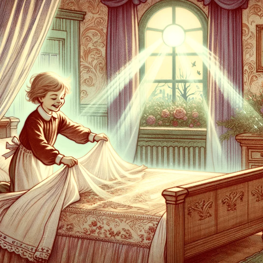 DALL·E 2023 12 03 12.21.06 A Magical And Early 20th Century Fairy Tale Style Illustration Showing A Child Happily Making Their Bed In The Morning With Sunlight Streaming Throug