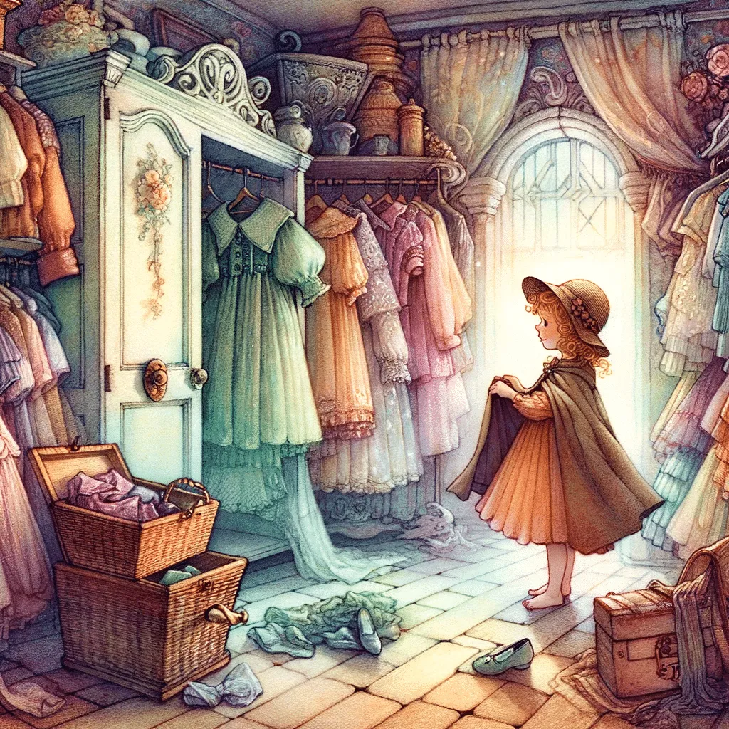 DALL·E 2023 12 03 12.21.09 A Magical And Early 20th Century Fairy Tale Style Illustration Of A Child Choosing Their Outfit For The Day. The Scene Is Set In An Enchanting Whimsi