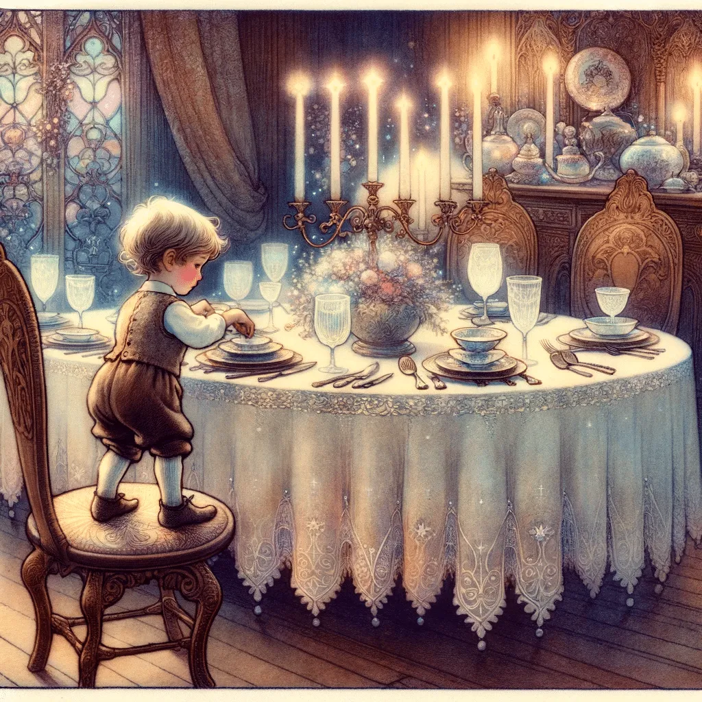 DALL·E 2023 12 03 12.21.13 A Magical And Early 20th Century Fairy Tale Style Illustration Of A Small Child Helping To Set The Table. The Scene Is In A Whimsical Dining Room Wit