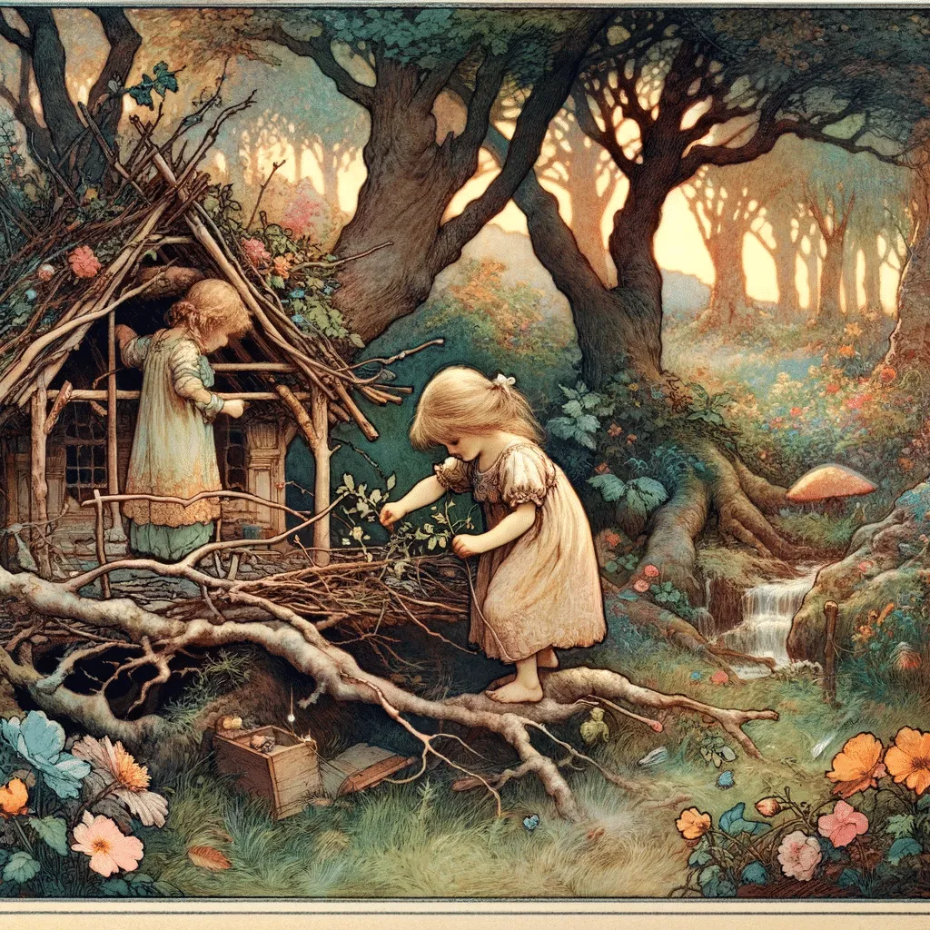 DALL·E 2023 12 03 12.21.16 A Magical And Early 20th Century Fairy Tale Style Illustration Of A Child Engaged In Imaginative Play. The Scene Shows An Enchanted Garden With A Back