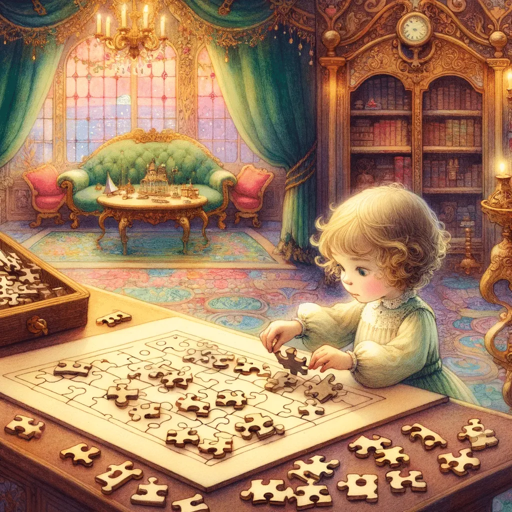 DALL·E 2023 12 03 12.21.23 A Magical And Early 20th Century Fairy Tale Style Illustration Of A Child Solving A Puzzle. The Scene Is Set In A Charming Whimsical Room With An Arr