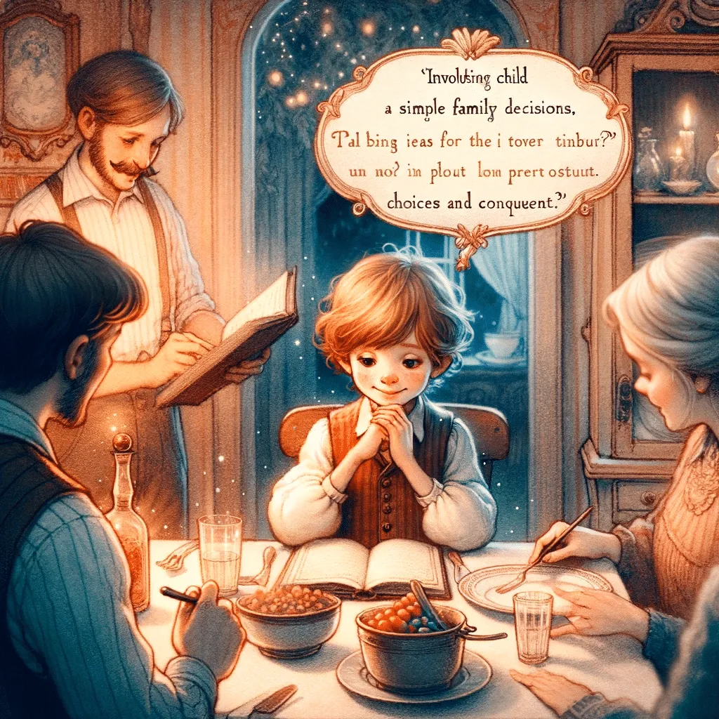 DALL·E 2023 12 03 12.21.26 A Magical And Early 20th Century Fairy Tale Style Illustration Of A Child Participating In Family Decisions. The Scene Is Set In A Cozy Whimsical Kit