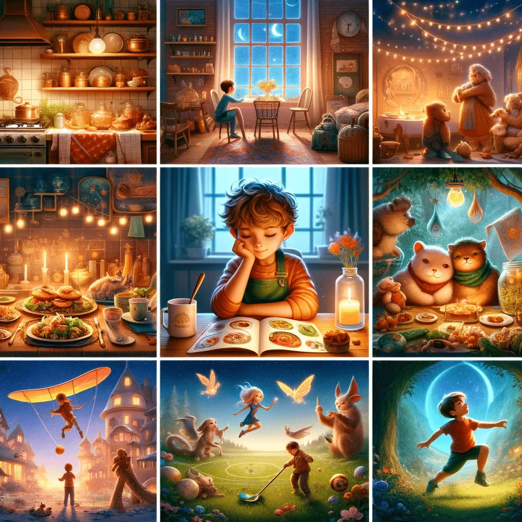 DALL·E 2023 12 03 12.32.51 1. A Cozy Dinner Setting In A Fairy Tale Kitchen With A Child Pondering Over A Menu Filled With Magical Dishes. The Kitchen Is Warmly Lit With An Ar 1