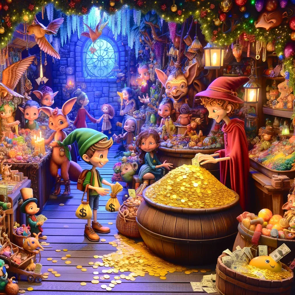 DALL·E 2023 12 03 12.42.59 Uma Cena Caprichosa De Um Mercado De Contos De Fadas Onde Uma Crianca Recebe Uma Bolsa De Moedas De Ouro. O Mercado Esta Repleto De Criaturas Encanta