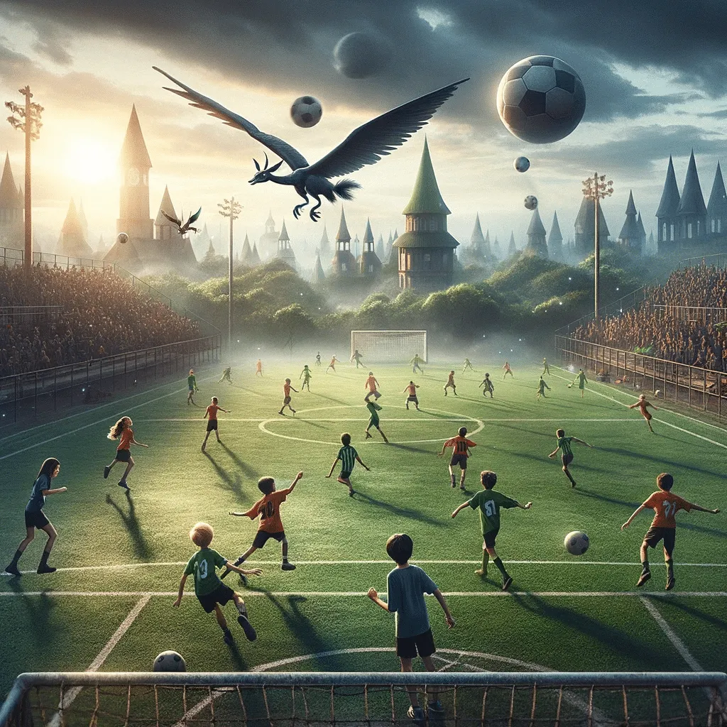 DALL·E 2023 12 03 12.43.04 Um Campo Esportivo Magico Com Criancas Jogando Um Jogo Encantado Que Lembra Uma Mistura De Futebol E Voo. A Atmosfera E Animada E Alegre Promovendo