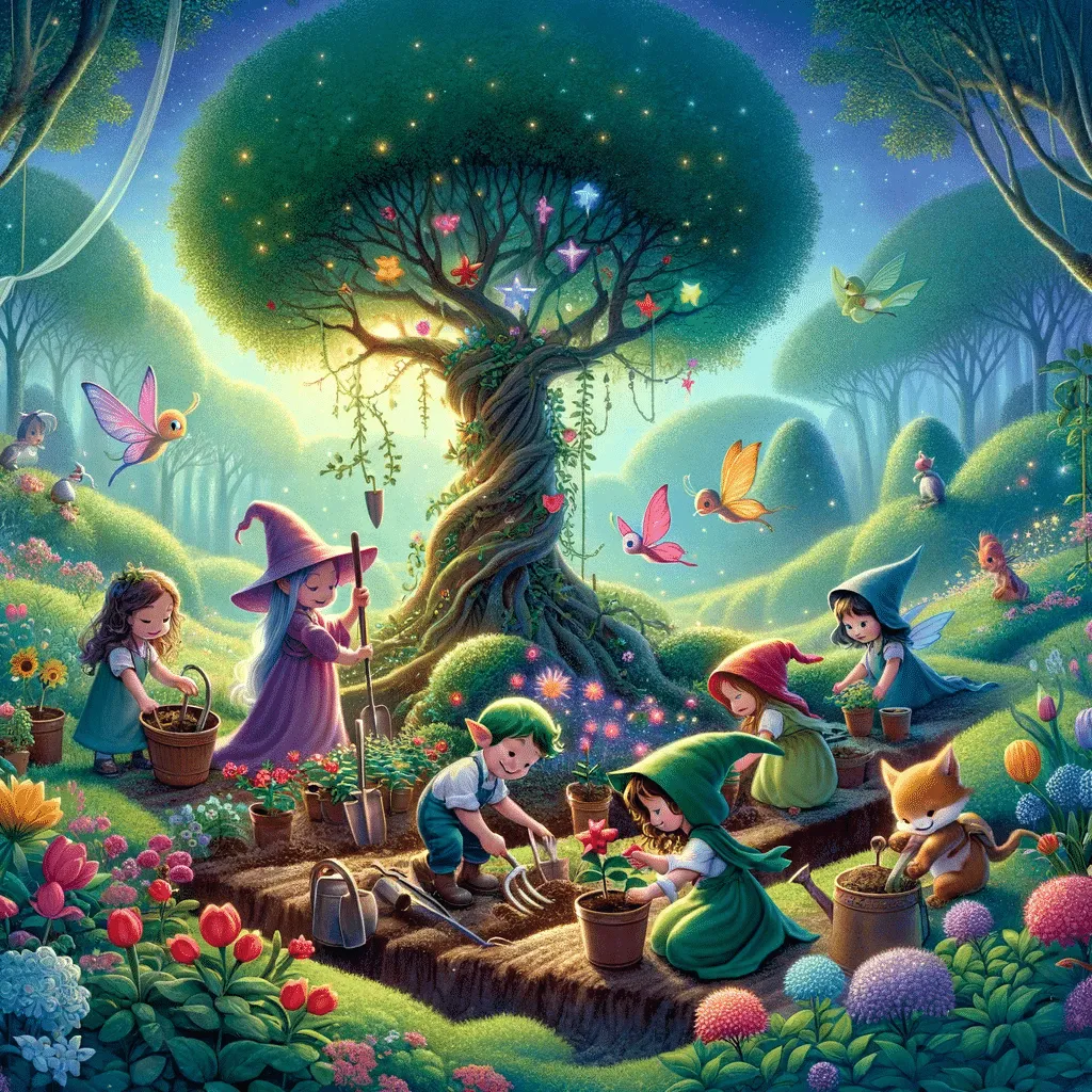 DALL·E 2023 12 03 12.43.13 Um Projeto Mistico De Jardinagem Com Criancas E Fadas Trabalhando Juntas Para Plantar Sementes Magicas. A Cena Retrata Paciencia E Trabalho Em Equipe